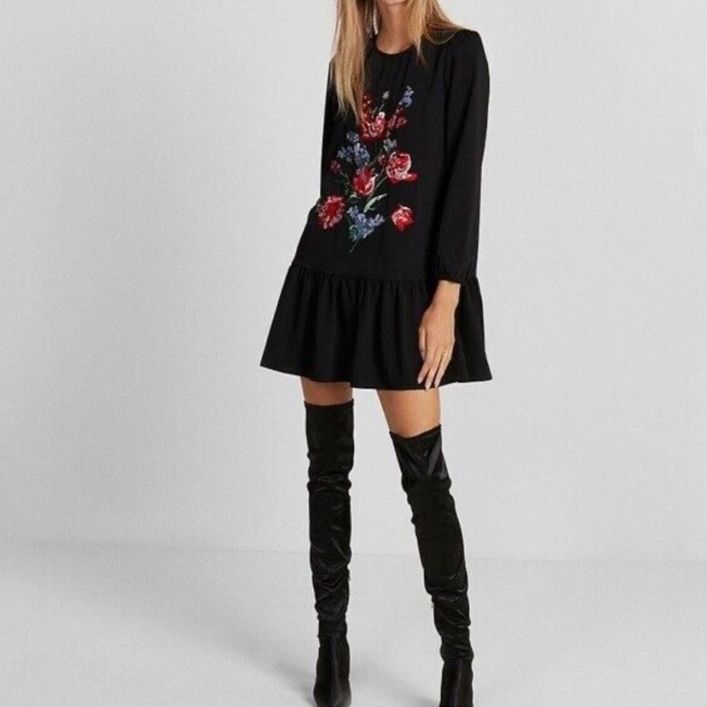 Express Drop Waist Black Flowy Dress with embroidery NWT